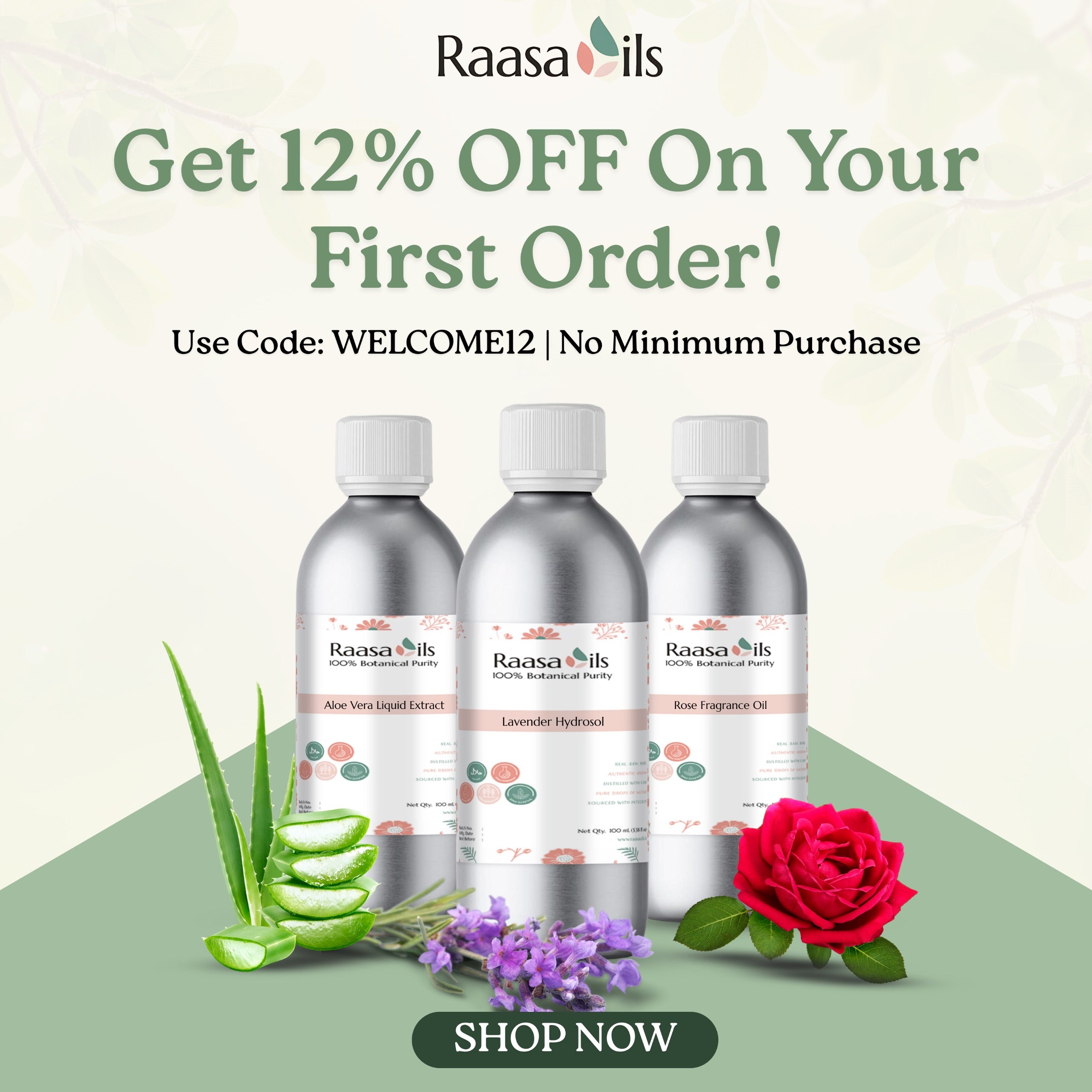Three bottles of Raasa Oils with promotional text and aloe vera, lavender, and rose elements on a light green background.