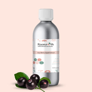 Bottle of Raasa Oils Acai Berry Liquid Extract with acai berries on a beige background
