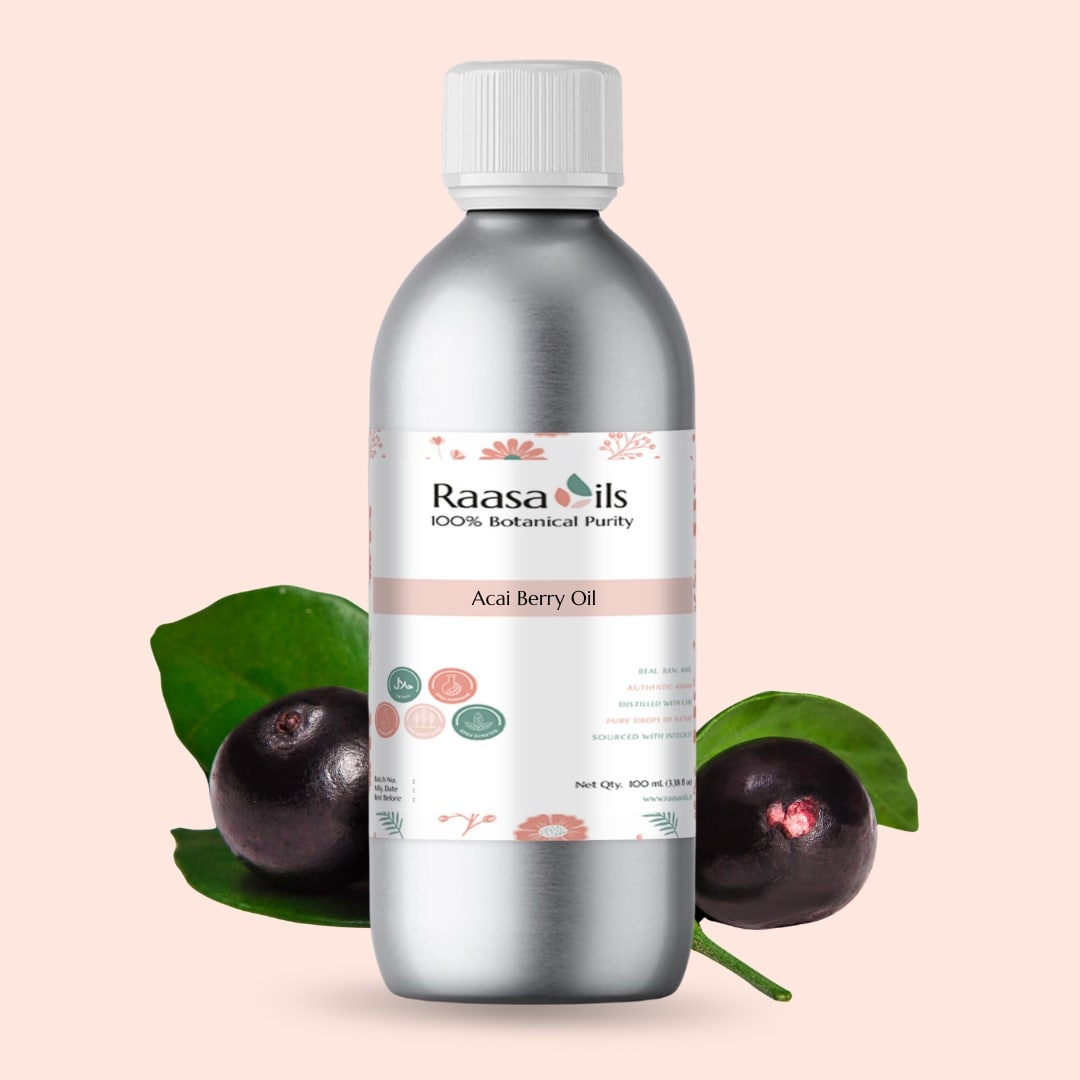 Bottle of Raasa Oils Acai Berry Oil with a pink background