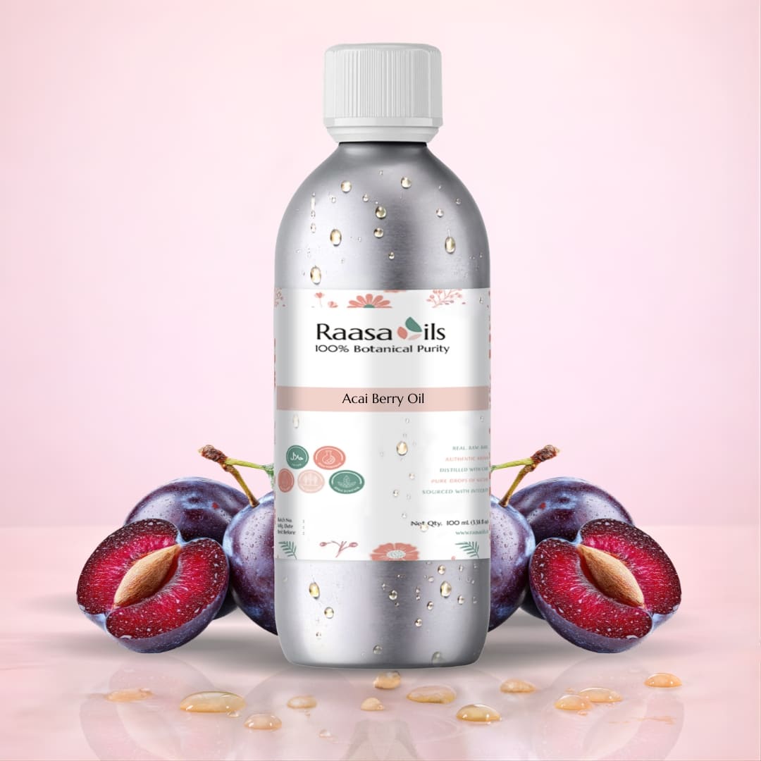Raasa Oils Acai Berry Oil bottle with acai berries on a pink background