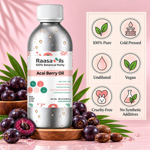 A bottle of Raasa Oils Acai Berry Oil centered on a pink background with aoditions of acai berries and leaves. A graphic panel on the right lists product benefits including 100% Pure, Cold Pressed, Undiluted, Vegan, Cruelty-Free, and No Synthetic Additives.