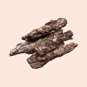 Three pieces of dried wood or bark on a pink background