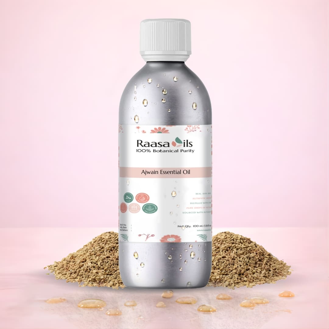 Raasa Oils Ajwain Essential Oil bottle with a pink gradient background