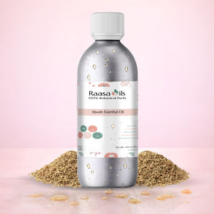 Raasa Oils Ajwain Essential Oil bottle with a pink gradient background