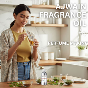 Woman in a kitchen holding a bottle of ajwain fragrance oil with text about its use for perfume making.