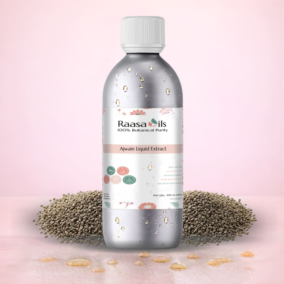 Bottle of Raasa Oils Awain Liquid Extract with sesame seeds on a pink background