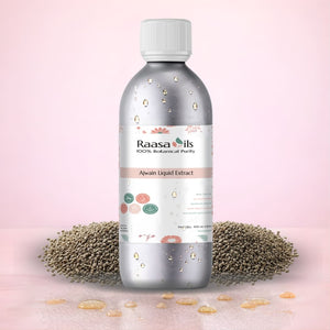 Bottle of Raasa Oils Awain Liquid Extract with sesame seeds on a pink background