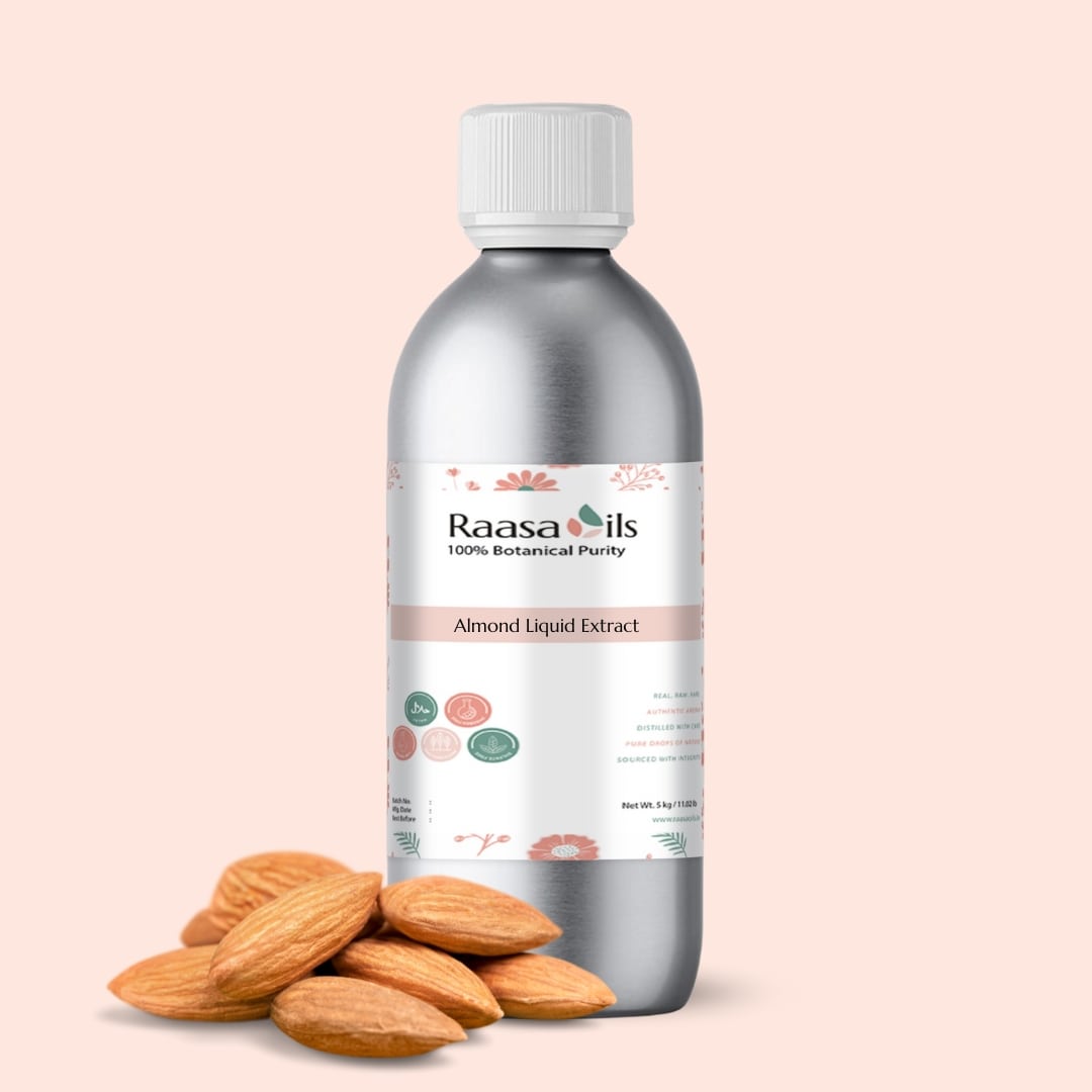 Bottle of Raasa Oils Almond Liquid Extract with almonds on a beige background