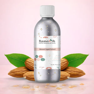 Bottle of Raasa Oils Almond Liquid Extract with almonds and leaves on a pink background