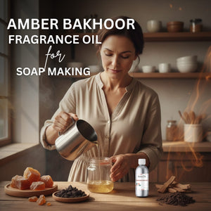 Woman pouring liquid into a jar with amber bakhoor and soap-making ingredients on a wooden table.
