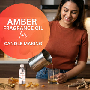 Woman pouring amber fragrance oil into a glass with text about amber fragrance oil for candle making.