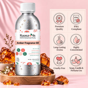 A bottle of Raasa Oils Amber Fragrance Oil displayed on a wooden stand with amber crystals, next to an infographic detailing product features on a pink background.