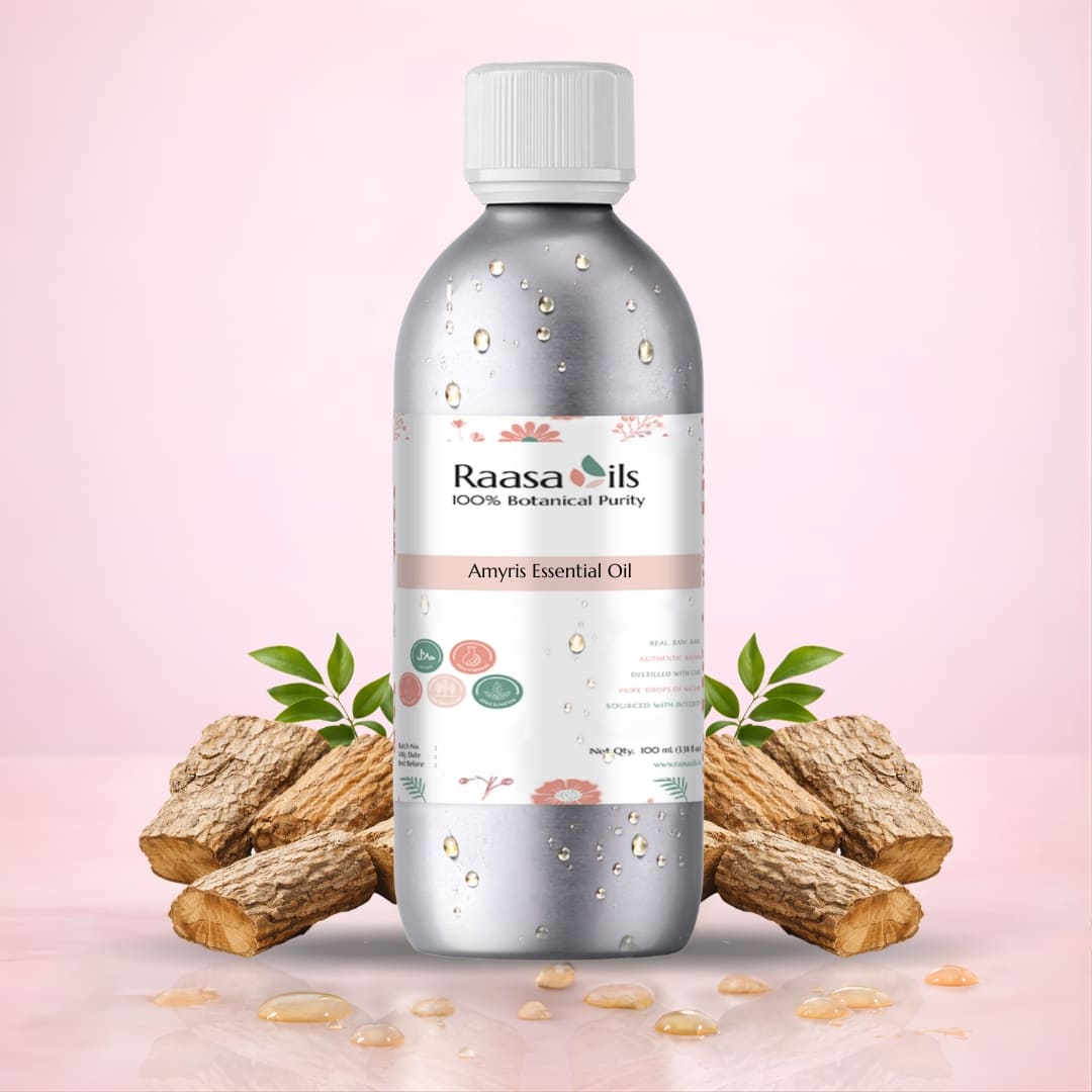 Bottle of Raasa Oils Amyric Essential Oil with roots on a pink background