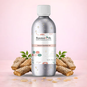 Bottle of Raasa Oils Amyric Essential Oil with roots on a pink background