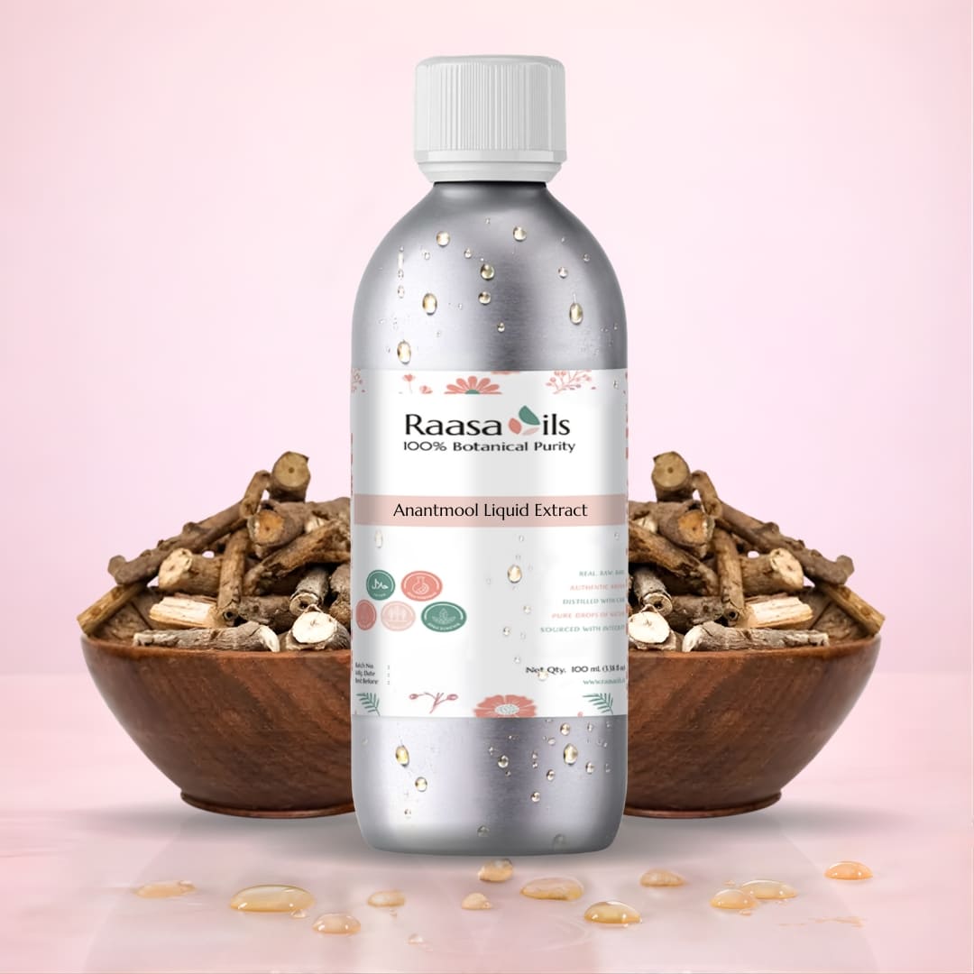Raasa Oils Anantmul Liquid Extract bottle with dried roots in wooden bowls on a pink background