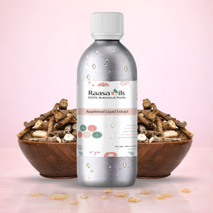 Raasa Oils Anantmul Liquid Extract bottle with dried roots in wooden bowls on a pink background