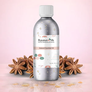 Raasa Oils essential oil bottle with star anise on a pink background