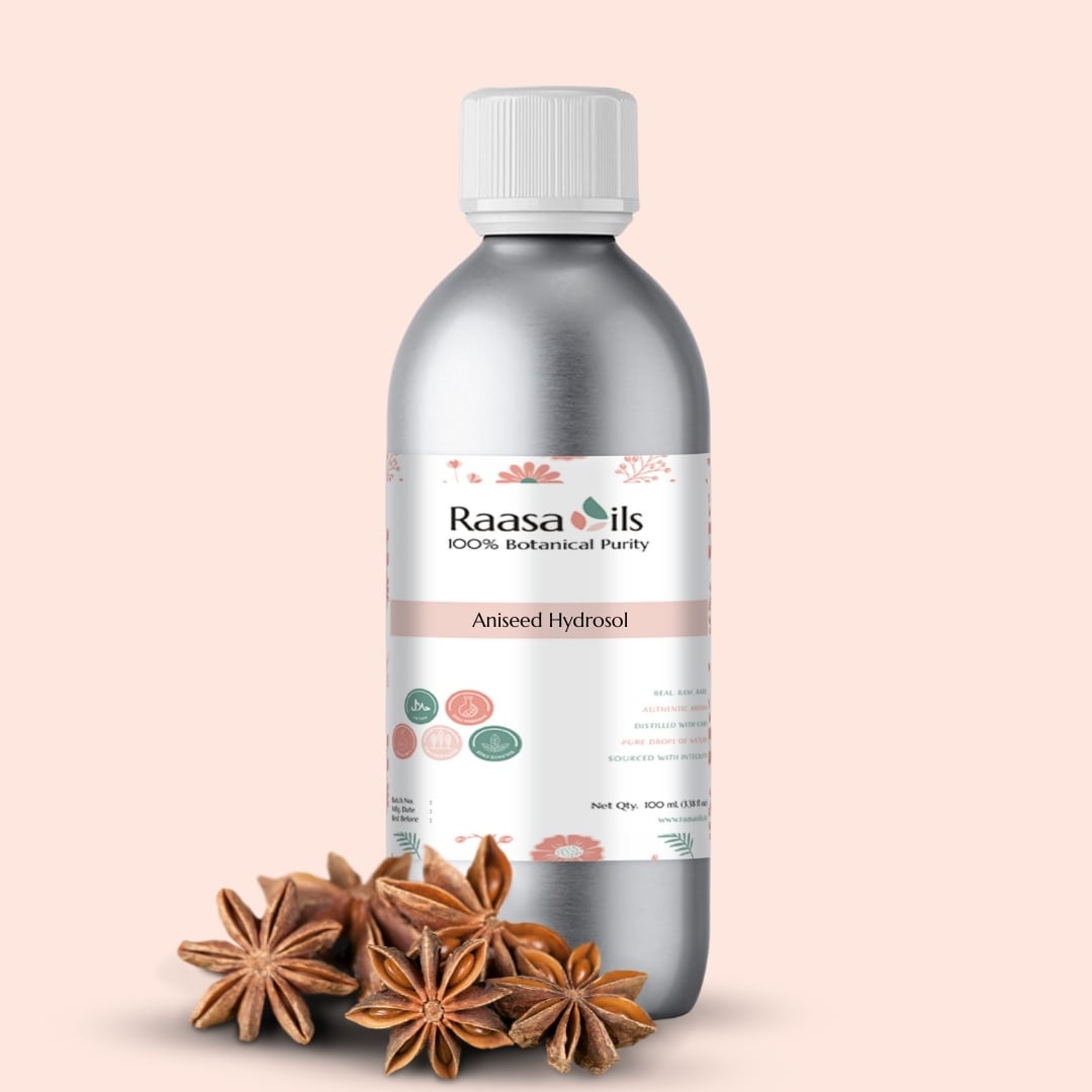 Bottle of Raasa Oils Aniseed Hydrofol with anise stars on a beige background