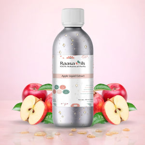 Raasa Oils Apple Liquid Extract bottle with apples on a pink background