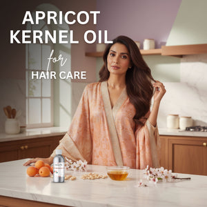 Woman in a kitchen with apricot kernel oil for hair care, text overlay.