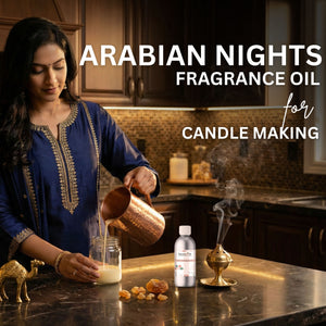 Woman pouring liquid into a jar with 'Arabian Nights Fragrance Oil' text overlay.