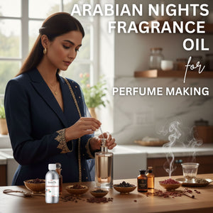 Woman preparing Arabian Nights fragrance oil with ingredients on a table.