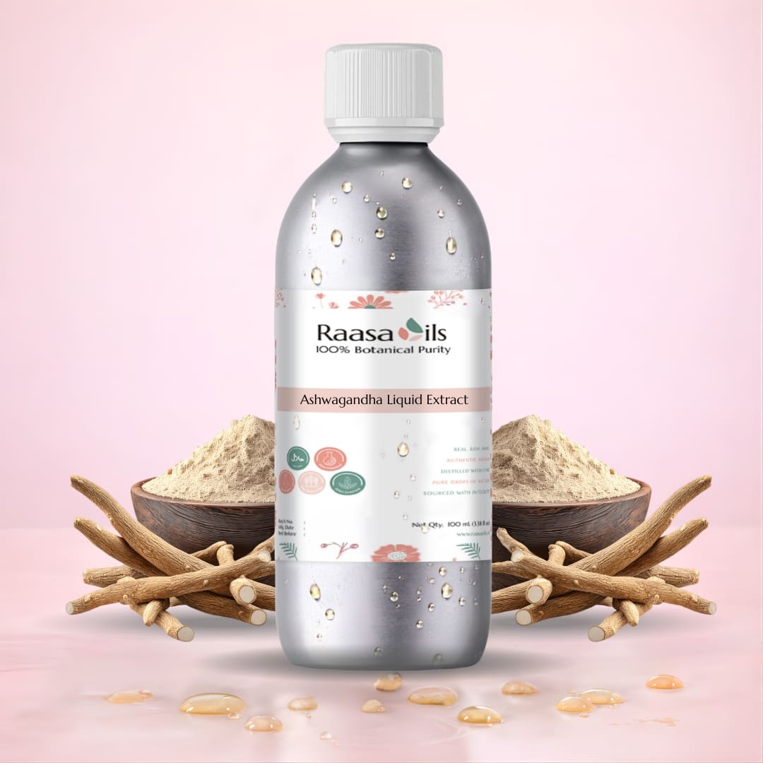 Raasa Oils Ashwagandha Liquid Extract bottle with ashwagandha powder and roots on a pink background
