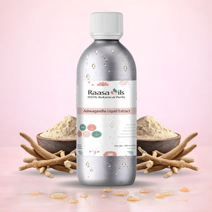 Raasa Oils Ashwagandha Liquid Extract bottle with ashwagandha powder and roots on a pink background