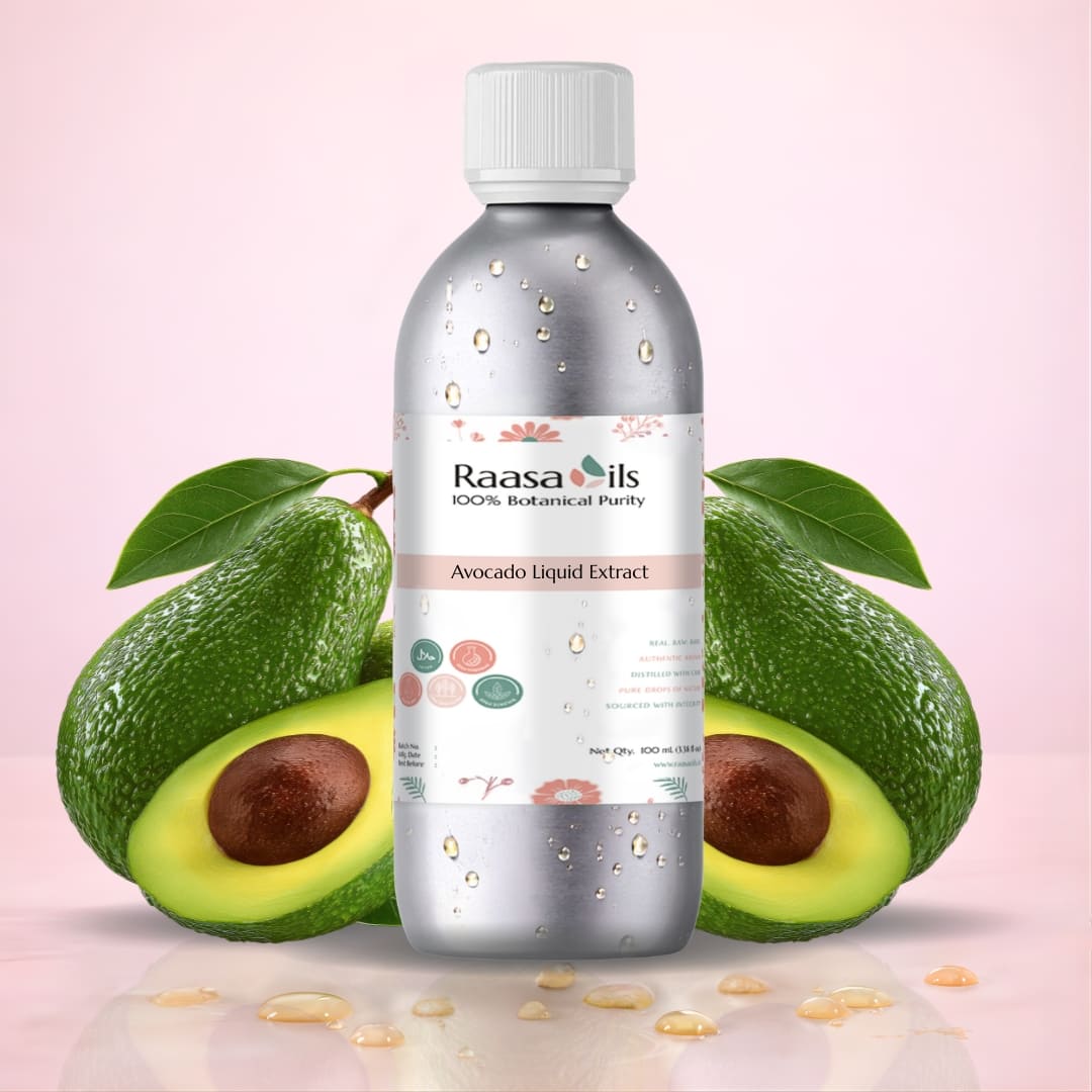 Bottle of Raasa Oils Avocado Liquid Extract with avocados on a pink background