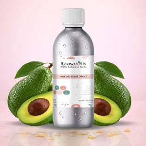 Bottle of Raasa Oils Avocado Liquid Extract with avocados on a pink background