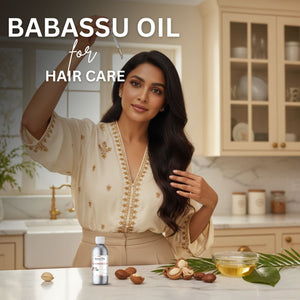 Woman with long hair in a kitchen setting with babassu oil products.