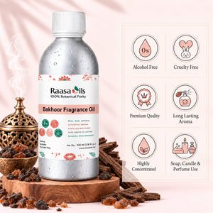 A bottle of Raasa Oils Bakhoor Fragrance Oil displayed on a wooden stand with dried spices and a brass incense burner, next to a graphic panel highlighting product benefits like 'Alcohol Free', 'Cruelty Free', and 'Premium Quality'.