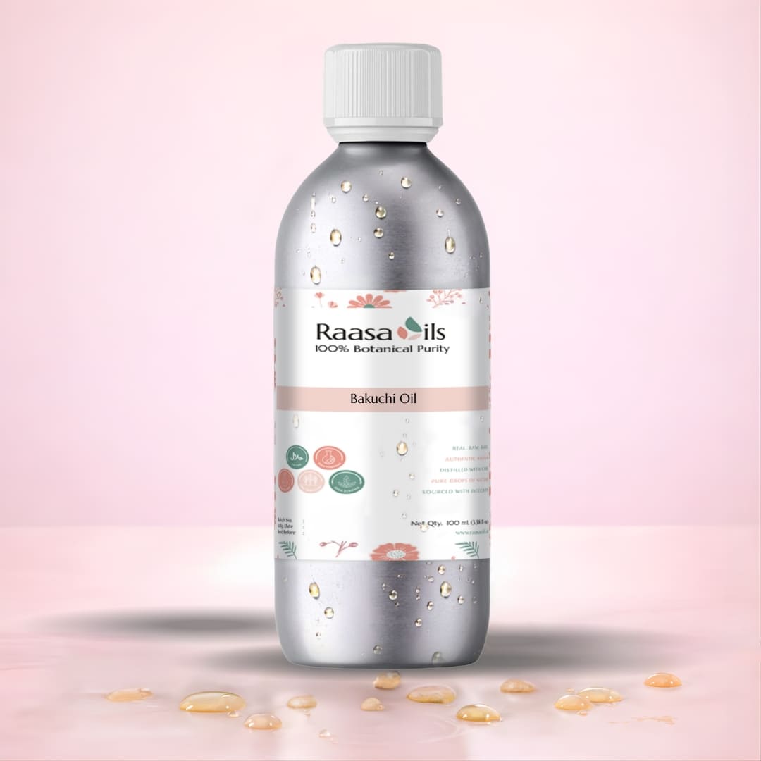 Bottle of Raasa Oils Bakuchiol oil on a pink background