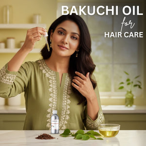 Woman holding a bottle of Bakuchiol oil with ingredients on a kitchen counter, promoting hair care.