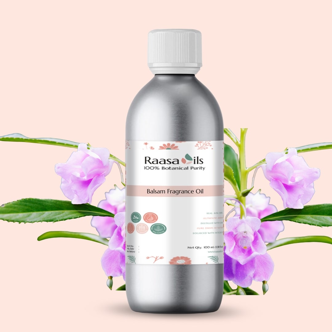 Bottle of Raasa Oils Balm Fragrance Oil with floral elements on a light pink background