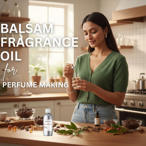 Woman in a kitchen holding a bottle of balsam fragrance oil with text overlay.