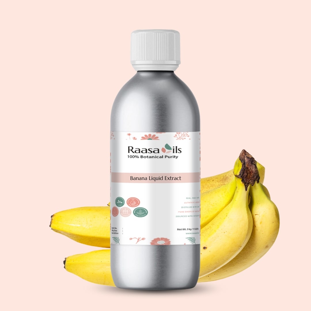 Bottle of Raasa Oils Banana Liquid Extract with bananas on a light pink background