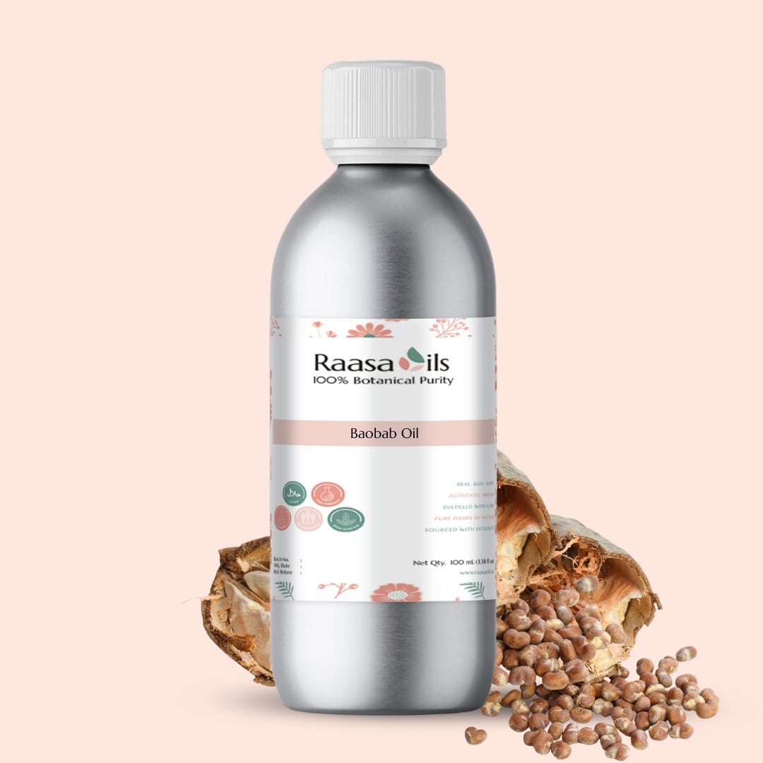 Bottle of Raasa Oils Baobab Oil with a beige background