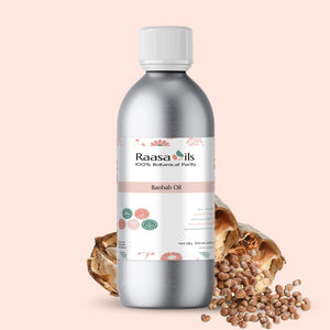 Bottle of Raasa Oils Baobab Oil with a beige background