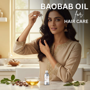 Woman holding a dropper with Baobab oil for hair care, surrounded by oil and seeds on a table.