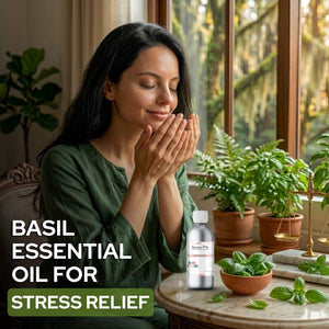 Woman with basil essential oil for stress relief in a home setting with plants.