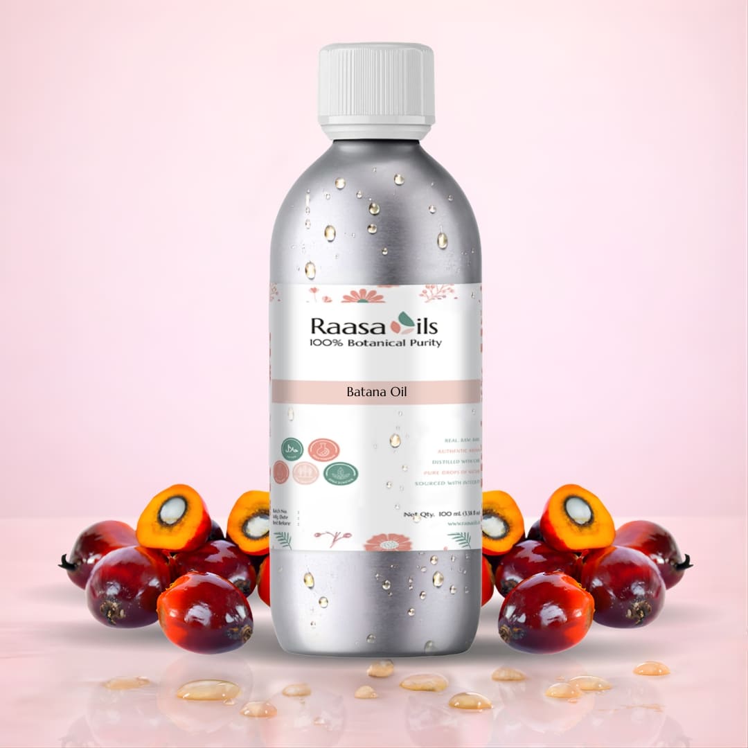 Raasa Oils bottle with banana fruits on a pink background