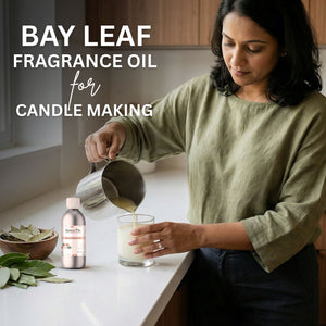 Woman pouring liquid into a glass with text about bay leaf fragrance oil for candle making.