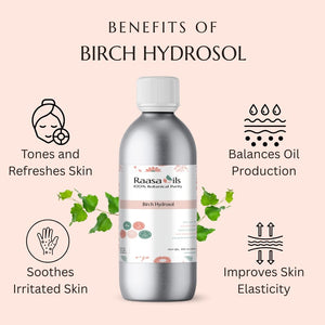 Bottle of Raasa Oils Birch Hydrosol with benefits listed on a pink background