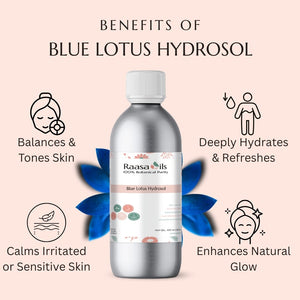 Bottle of Raasa Oils Blue Lotus Hydrosol with benefits listed on a pink background