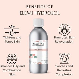 Bottle of Raasa Oils Elemi Hydrosol with benefits listed on a pink background