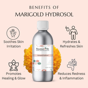 Bottle of Raasa Oils Marigold Hydrosol with benefits listed on a pink background