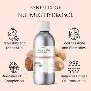 Bottle of Raasa Oils Nutmeg Hydrosol with benefits listed on a pink background