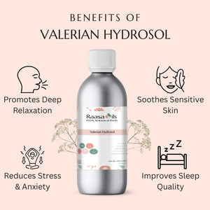 Raasa Oils Valerian Hydrosol bottle with benefits listed on a light pink background