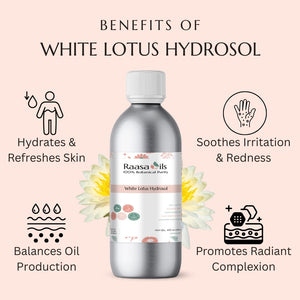 Bottle of Raasa Oils White Lotus Hydrosol with benefits listed on a pink background